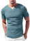 Lehmanlin Hombres Ajustado Manga Corta Camiseta Casual Cuello Pico Camisetas Poliéster y Elastano Azul S