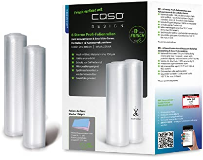 CASO 6 Sterne Profi-Folienrollen 20x600 cm, 2 Rollen, Vakuumierbeutel für alle Vakuumierer, stark und reißfest ca.150 μm, Vakuumbeutel Lebensmittel Vakuumiergerät, BPA-frei