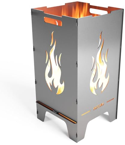MOCAVI Edelstahl Feuertonne Flamme 73 cm | 3 mm V2A Design-Feuersäule für Garten, Terrasse und Balkon Feuerschale Feuerkorb massiv sicher groß quadratisch Feuerstelle Outdoor faltbar hitzefest
