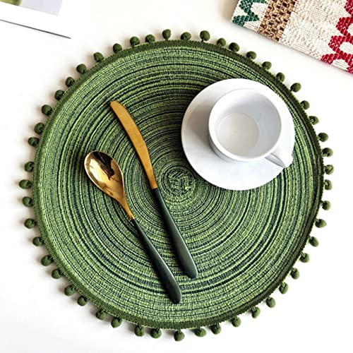 6er Set Tischset Rund, Tischsets Waschbar Rund Gewebte 38cm Platzsets Boho, Tischuntersetzer Pompom Quaste Untersetzer Hitzebeständig Rutschfest Platzteller (Grün,38cm)
