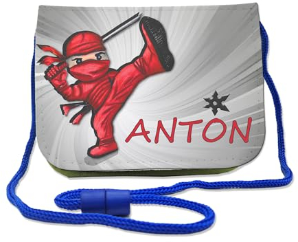 Kinder Brustbeutel mit Name und Schriftartwahl | Klettverschluss mit Schnur zum Umhängen und Klarsichtfach | Geldbeutel personalisiert | 3 Farben (Ninja)