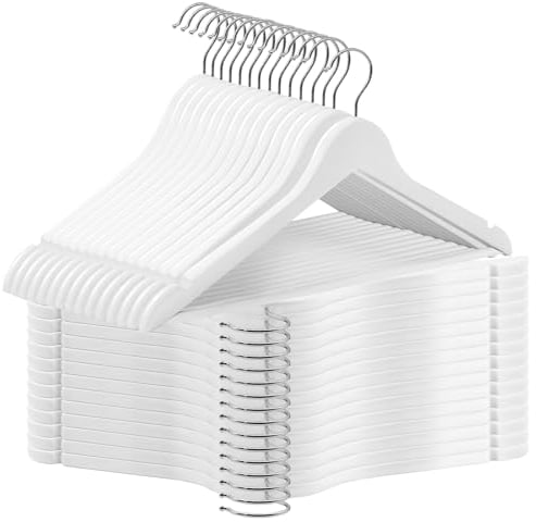 ABHENG Kleiderbügel Holz 30 Stück, Holzbügel mit Rutschfester Hosensteg und 360° drehbarer Haken, Einkerbungen im Schulterbereich, Hergestellt aus Naturholz, 44,5B x 23H cm, Weiß + Silbern,AWY0330W