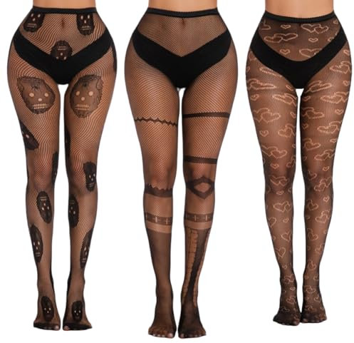 Ulalaza Medias de Rejilla Negras, Calcetines de Nailon, Bragas Estampadas, Talla Grande para Mujer, Paquete de 3, Decoración de Halloween, Calavera de Araña