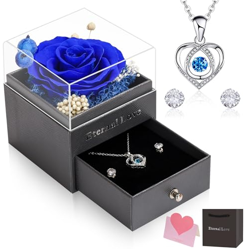 CSYY Rosa Eterna, Festa della Mamma Regalo per Lei con Collana Cuore e Orecchini a Perno San Valentino Festa Della Anniversario Natale Compleanno Sorella Moglie Blu