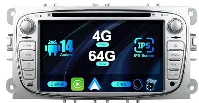 SXAUTO Android 14 IPS Autoradio für Ford Focus/Mondeo/S-Max/C-Max/Galaxy - Eingebaut Carplay/Android Auto - LED Kamera + MIC - 4G+64G - DAB 360-CAM Lenkradsteuerung Fast-Boot WiFi DSP - 2 Din 7 Zoll
