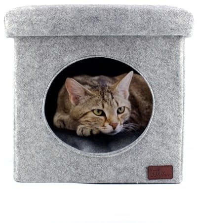 Katzenhöhle-Hocker aus Filz, Kuschelhöhle für Katzen & kleine Hunde mit Sitzauflage, Faltbarer Sitzhocker Sitzbank, Sitzwürfel bis 100kg belastbar
