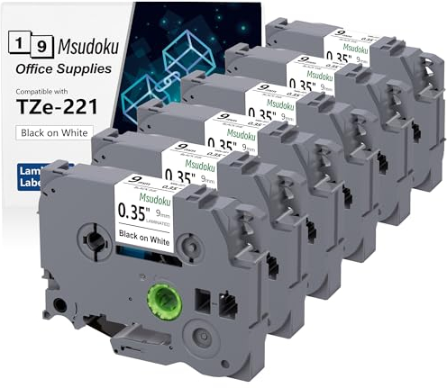 6x Msudoku TZe-221 Kompatibel für Brother P Touch Bänder 9mm 0.35 TZe221 TZ-221 Weiß Schriftband Kompatibel für PTD210 PTD220 PTD600 PT-D410, 9mm x 8m