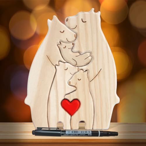 LETTERASHQP Holz Bär Skulpturen, Personalisiertes Holzkunstpuzzle, Desktop Ornament Home Tischdekoration, Familie Andenken Geschenke für Muttertag Vatertag(5 Bären)
