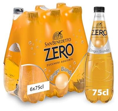 San Benedetto, Bibita Analcolica Gassata al Ginger Biondo Zero 6 x 750 ml, Zero Zuccheri Aggiunti e Pochissime Calorie, Rinfrescante e Leggera