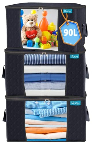 KURNI Storage Bags Clothes Organizer 3 Pack Black, Large Moving Boxes 90L Capacity, 3 Sided Zipper Storage Box. Dust/Mites Proof 60 x 43 x 35cm