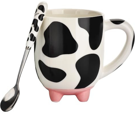 BUYNEED 20 oz Cow Cute Mug Hand Painted Design Cow Print Tea Coffee Milk Ceramic Cup Mug with Udders Non-Skid Feet and Spoon,Holiday and Cow Lover Gifts Birthday Gifts for Women