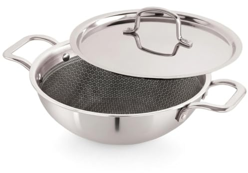 Tanish Trading Triply Edelstahl-Wok mit Wabenmuster, 24 cm, 2,1 Liter Fassungsvermögen, kratzfest, gas- und induktionsgeeignet, Silber