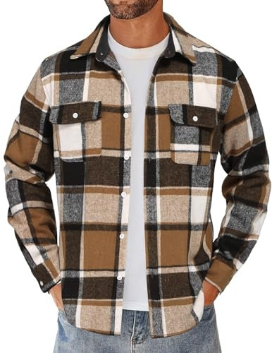 COOFANDY Langarm Herren Hemd Kariertes Flanellhemd mit Brusttasche Hemdjacke Regular Fit Holzfällerhemd Herrenhemden Freizeithemd Motorrad Shirt Plaid-Khaki Schwarz Weiß XXL