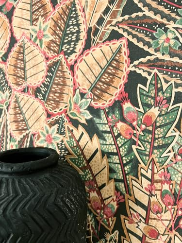 Newroom Vliestapete Bunt Dschungel Tapete Wohnzimmer Schlafzimmer | Matte Leinenstruktur, große Blätter mit Punktmuster, Blüten und Beeren, dunkler Fond, Mustertapete, Boho Stil, Flur Küche