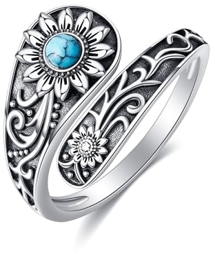 URONE Sonnenblume Löffel Ring 925 Sterling Silber Sonnenblume Türkis Ring Sonnenblume Türkis Schmuck Geschenke für Damen-US Größe