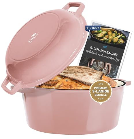 Ottia Casserole en fonte émaillée pour tous les types de cuisinières et fours ; cocotte avec couvercle 4,5 + 1,8 l, casserole en émail, cocotte en fonte à induction, marmite à rôtir