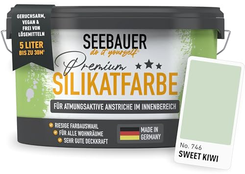 SEEBAUER diy Silikatfarbe Hellgrün 5L für Innen (No. 746 Sweet Kiwi) Atmungsaktive Mineralfarbe für Allergiker - Abwaschbare Wandfarbe - Grüntöne hohe Deckkraft