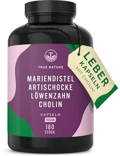 Mariendistel Artischocke Löwenzahn Cholin – 180 Kapseln – 600 mg Mariendistel-Extrakt (480 mg Silymarin) – Unterstützt die Leber durch Cholin* – Mit pflanzlichen Bitterstoffen – Vegan – TRUE NATURE®