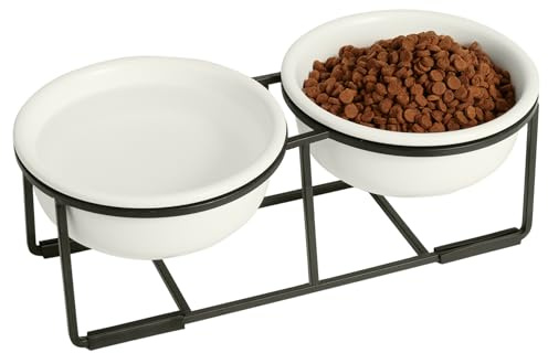 Hundenapf Set Erhöht Hundenäpfe Keramik - Futternapf Hund 2er Set mit Rutschfestem Metallständer - Futterstation Hund für Futter und Wasser - Doppelnapf für Welpen und Katzen - 2 x 375 ml - Mattweiß