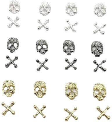 3D Skull Cross Nail Charms, 120 Pcs Skull Cross Nail Art Charm Gold Silver Gun Black Metal Gothic Nail Gems Nail Jewels for Nail Art Decorations DIY Crafts