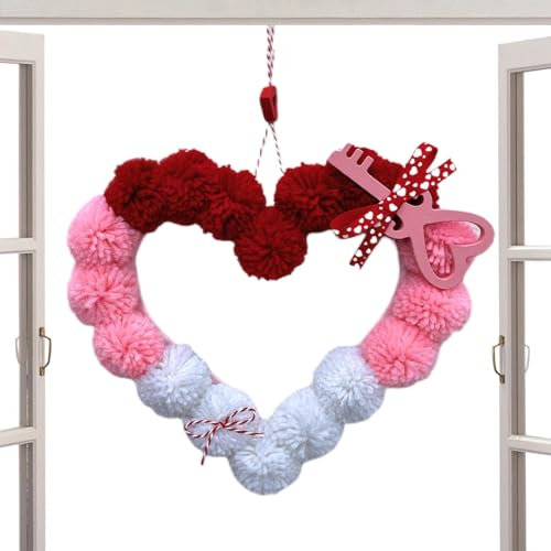 Adorno de corona de corazón, corona de puerta en forma de corazón, bolas de piel fuera de la corona de corazón, guirnalda de corazón de boda, decoración romántica de nudo de corazón