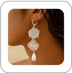 Aneneiceera Vintage Blume Perle Baumeln Ohrringe Lange Perle Blume Ohrringe Weiß Acryl Blütenblatt Ohrringe Braut Floral Tropfen Ohrringe Für Frauen