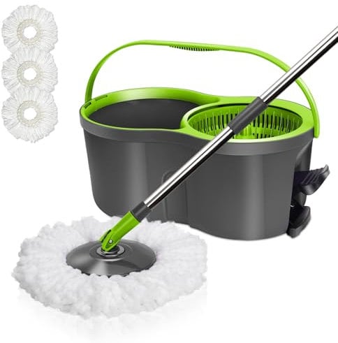 Wischmopp Set mit Eimer, Masthome 2-in-1 Bodenwischer Komplett Set mit 3 Mikrofaser-Pads, Wischmop mit Verstellbarer Edelstahlstiel (100-128cm),Putzeimer mit Wischmopp für Laminat(Grün)