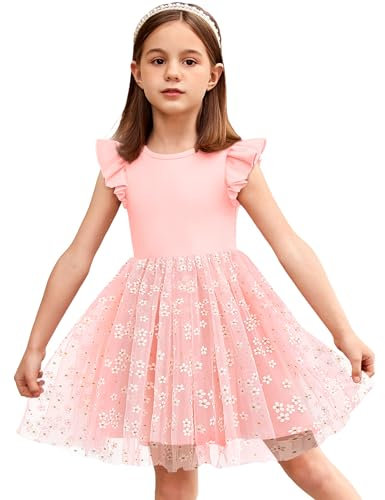 Arshiner Dress for Girls Flowers Toddler Dress Summer Dress Children Tulle Dress Festive Birthday Dress Party Dress Flower Girl Dress Pink 90/3-4 Years
