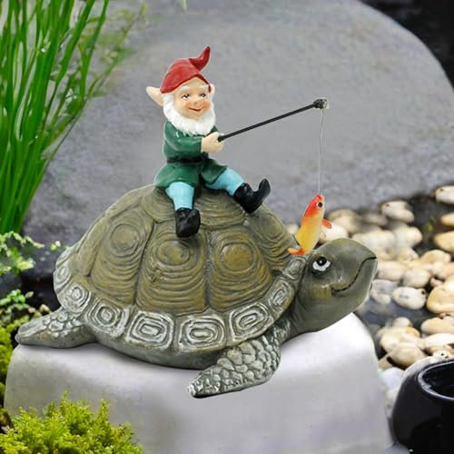 Gartenfiguren für Draußen Wetterfest, Lustig Gartenzwerge für Außen, Angeln Figur Zwerg Deko, Schildkröte und Gartenzwerg Statue, Harz Gartendeko Figuren, Teich Deko, Geschenk für Angler