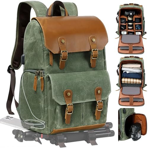Padwa Lifestyle Green Camera Backpack - Weather Resistant Waxed Memory Canvas Camera Backpacks for Photographers,Multi DSLR SLR Camera Bag with 16” Laptop & Lens Compartment and Tripod Holder