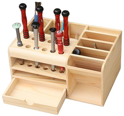 Screwdriver Organizer and Tool Holder, Wooden Repair Tool Storage Rack Mutifunctional Desktop Small Tool Work Bench Organizer Classified Storage Tool Parts Box