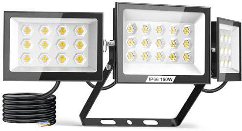 Lightasea 150W LED Strahler,15000LM Außenstrahler mit Verstellbaren 3 Köpfe,6500K LED Scheinwerfer,IP66 Wasserdicht Flutlicht,für Innenhof, Veranda, Garten, Garage