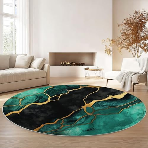Teppich rund,Outdoor Fluid Art Blau-Grün und Gold Muster Marmor Waschbarer Teppich Rund 90 cm (Round) Rutschfester Kurzflor Carpet Living Room Bedroom Esszimmer Büro Grünes Gold