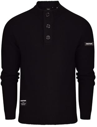 Firetrap Mens 3 Button Funnel Neck Jumper Pullover Winter Sweaters Cotton Blend Jumpers Quarter Half Button Men Top Jumoers Designer Smart Top Knitted Knitwear Sweatshirt Jumpers for Men Black M