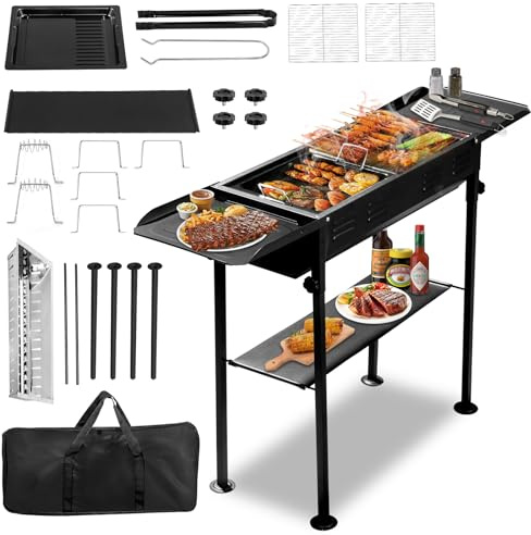Outopee Portable Charcoal Grill, Folding Barbecue Grill with Baking Pan, Carry Bag & Storage Shelf, Outdoor BBQ Smoker for Camping, Garden, Party, Picnic and Patio Cooking