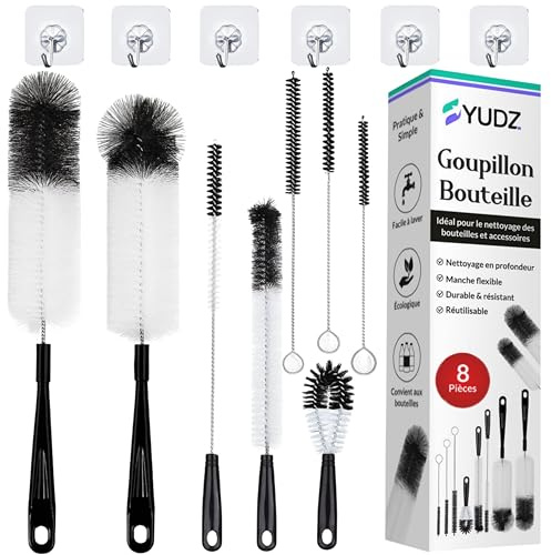 YUDZ – Lot de Goupillons Bouteille et Écouvillons – 8 Brosses + 6 Crochets Muraux – Brosse pour Biberon, Gourdes, Thermos, Verres, Carafes et Bouteille Sodastream