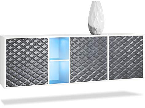 Vladon Sideboard Kommode Cuba, Made in Germany, Korpus in Weiß matt/Fronten in 3D Stahlgrau, inkl. LED Beleuchtung