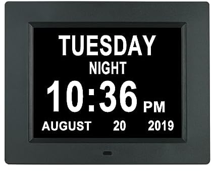 [Auto-Dimm-Optionen] Digitale Tageskalenderuhr, ohne Abkürzungen, Tag und Datum, 8 Alarmoptionen, Batterie, Backup, Demenz, Alzheimer, Sehbehinderung, Uhren für Senioren, ältere Menschen