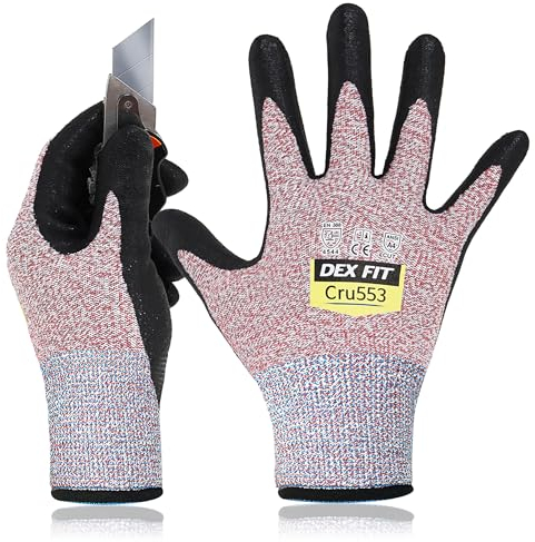 DEX FIT Gants de Travail Cru553 Résistants aux Coupures Niveau 5, Adaptation 3D Confortable Extensible, Agrippants Nitrile Durable, Smart Touch, Fins Légers, Lavables, Rouge 6 (XS) 1 Paire