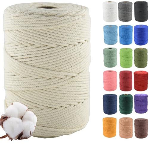 Klhamky 3mm×500m Natur Macrame Baumwollkordel - Baumwoll-Macrame-Seil, 4-Fach verdrillt aus 100% natürlicher Baumwolle für handgemachte Wandbehänge, DIY, Basteln, Stricken