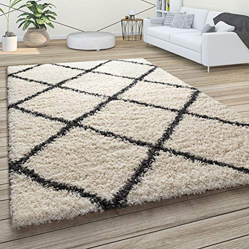 Paco Home Hochflor Teppich Wohnzimmer Schlafzimmer Shaggy Skandinavisch Rautenmuster, Grösse:60x100 cm, Farbe:Creme