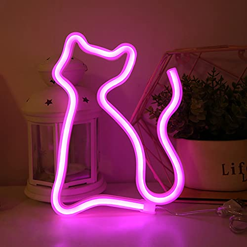Colording Cat Néon Enseignes Lèvre lumineuses Décoration murale, Batterie/USB alimenté Chat Néons Applique murale Intérieur Luminaires pour chambre, Saint Valentin, Éclairage de Noël-rose chat