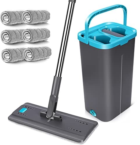 MASTERTOP Mopa Fregona y Cubo Escurridor para Limpieza Suelos Mopa Plana Microfibra con Cubo Dos Compartimentos y 6 Almohadillas Reutilizables para Madera Parquet Azulejo (Gris Oscuro)
