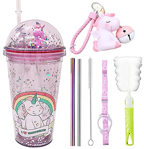 Unicorn Travel Mug with Straw Blue Drinking Cup with Strap Purple Unicon Party Tumbler Ice Tollde Cup for Picnic Party Birthday (purple unicorn, 430 ml)
