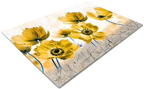 Glass Chopping Board | Non Slip Cutting Board for Kitchen | Small Glass Worktop Saver - Yellow White Flowers