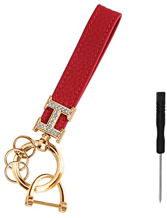 Pwsap Echtes Leder Auto Schlüsselanhänger mit Strass, Bling Universal Schlüsselanhänger Ring Strap für Damen, Schlüsselanhänger Auto Schlüsselanhänger Zubehör für Damen, Rot/Gold