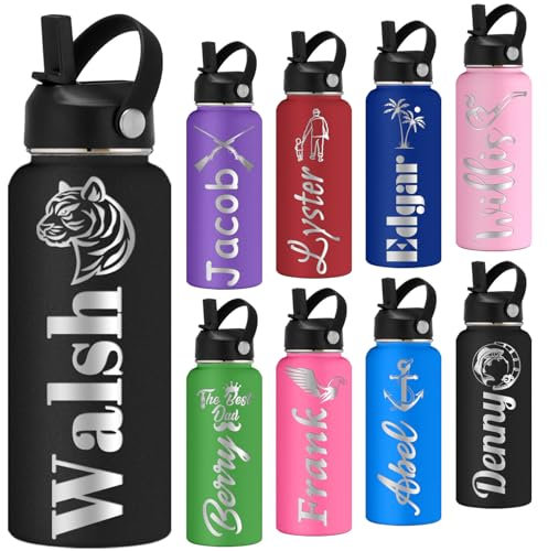 Personalized Water Bottles with Straw 40oz for father Custom Stainless Steel Sports Water Bottle with Engraved Name Text Customized Insulated Double Wall Water Bottles for School Sports