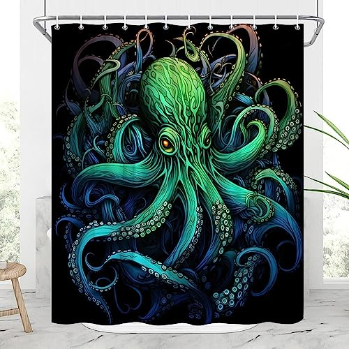 JONSEQIN Octopus Duschvorhang Ozean Meer Grün Coole Tiere Nautische Wildtiere Tentakel Hitze Tropen Unterwasserwelt Polyester Stoff Bad Dekor mit Haken