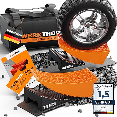 WERKTHOR Auffahrkeile – Orange - [2er Set] bewährte Auffahrkeile für Wohnmobil, Wohnwagen & Anhänger | leichtes & Stufenfreies Nivellieren [<13,5t] – Für jeden Untergrund | inkl. Transporttasche…