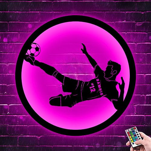 Custom Name & Number Soccer Wall Art Neon Sign,Personalized Soccer Player Metal Sign With LED Light,Soccer Sports Home Décor for Bedroom,Christmas Birthday Soccer Kids Gift